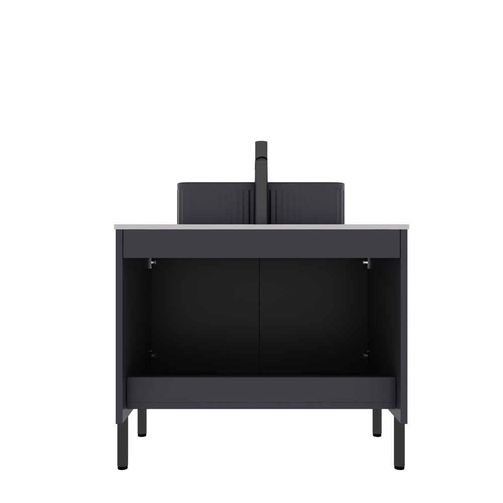 TURIO 30" Bathroom Vanity with Sink, Freestanding Bathroom Storage Cabinet with 2 Doors, Black Ceramic Basin and Carrara White Sintered Stone Counter Top, Black Color