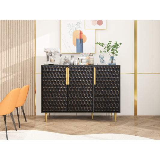 3 Door Storage Cabinet,Buffeet Sideboard with Adjustable Shelves,Honeycomb Seamless Hexagons Pattern Metal Door for Living Room,Dinging Room,Kitchen,Entrance