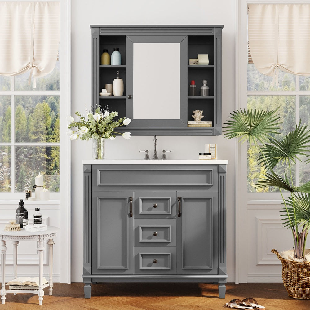 36'' Bathroom Vanity with Top Sink, Black Mirror Cabinet, Modern Bathroom Storage Cabinet with 2 Soft Closing Doors and 2 Drawers, Single Sink Bathroom Vanity