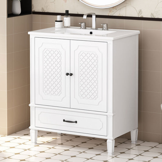 30" Bathroom Vanity with Sink Vintage Style, Multi-functional Storage Space, Door Shelf, Soft-closing Door, White