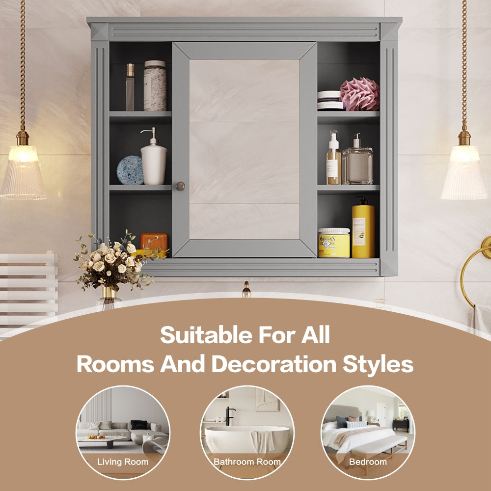 35'' x 28'' Wall Mounted Bathroom Storage Cabinet, Medicine Cabinet, Modern Bathroom Wall Cabinet with Mirror, Mirror Cabinet with 6 Open Shelves (Not Include Bathroom Vanity )