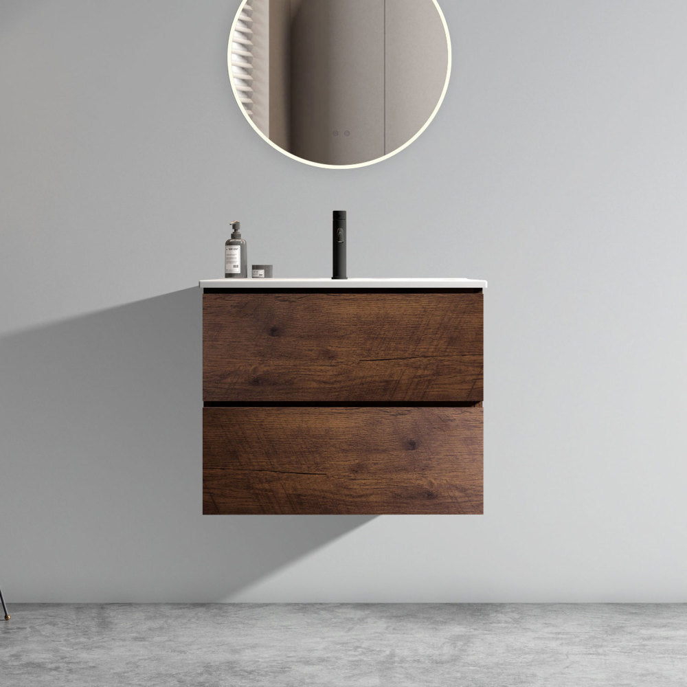 Wall Mount 30" Natural Oak Bathroom Vanity with Ceramic Sink with three faucet holes, Large Storage Floating Bathroom Vanity for Modern Bathroom, Pre-assembled