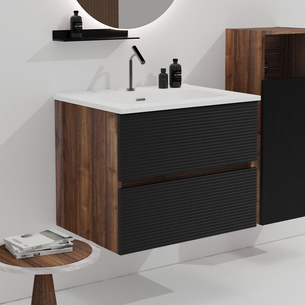 Gloria 30" Wall Mounted Rough Oak&Rough Oak Bathroom Vanity with Integrated Ceramic Sink with Overflow, Large Storage Floating Bathroom Vanity for Modern Bathroom, Pre-assembled