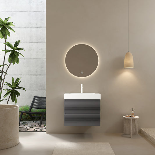 VENO 24" Bathroom Vanity with Undermount Sink, Modern Wall-Mounted Floating Plywood Striped Bathroom Storage Cabinet with 2 Drawers, White Integrated Rectangular Basin without Faucet, Gray Color