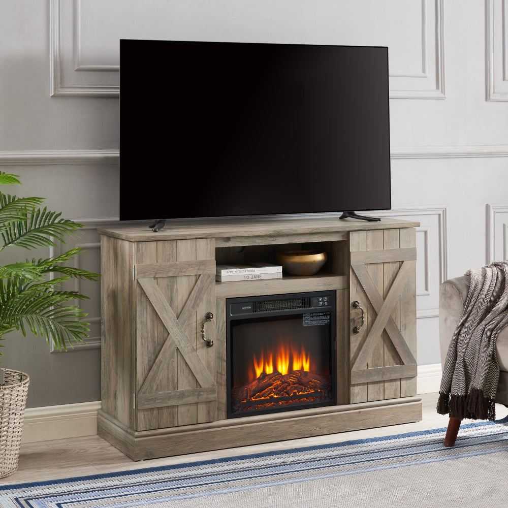 American retro Farmhouse Classic Media TV Stand Antique Entertainment Console with 18" Electric Fireplace Insert for TV up to 50" with Open and Closed Storage Space, Gray Wash 47"W*15.5"D*30.75"H