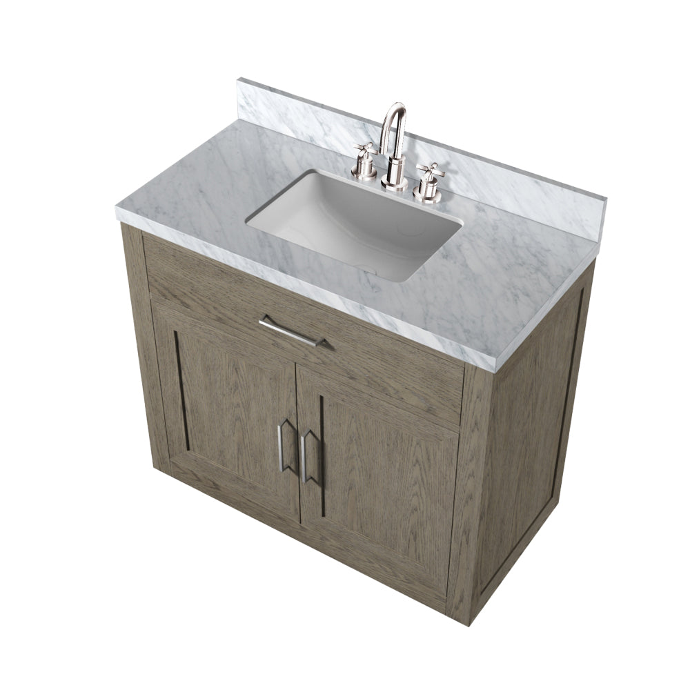 Grey Oak Single Bath Vanity 36 in. W x 22 in. D, Carrara Marble Top, and Faucet Set