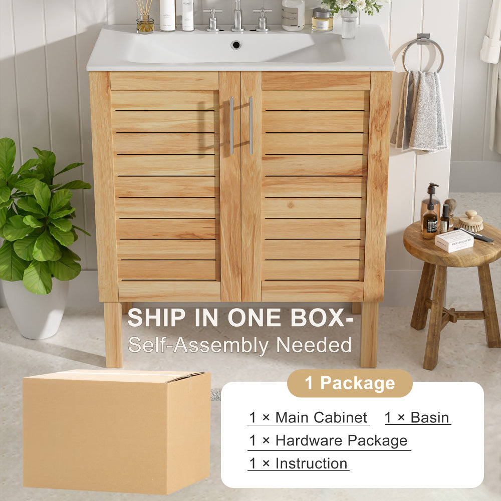 30" Antique Bathroom Vanity with Ceramic Sink, Mid-Century Modern Bathroom Vanity Cabinet with 2 Soft-Close Doors and Large Storage Space, Retro Freestanding Single Bathroom Vanity Set, Natural Brown