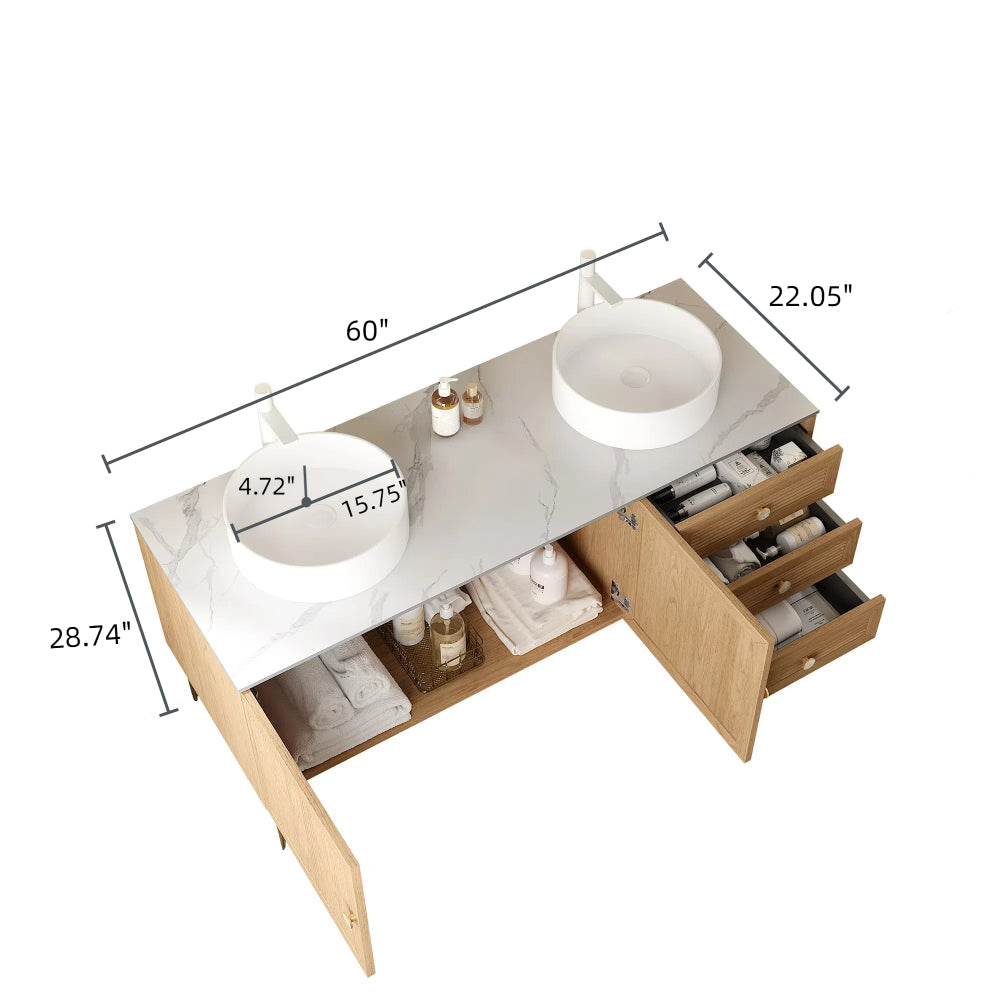 MUNIN 60" Bathroom Vanity with 2 Sinks, Freestanding Plywood Storage Cabinet with 5 Metal Legs, 3 Drawers and 2 Doors, White Ceramic Basin without Faucet, Pre-assembled, Oak Woodgrain Color