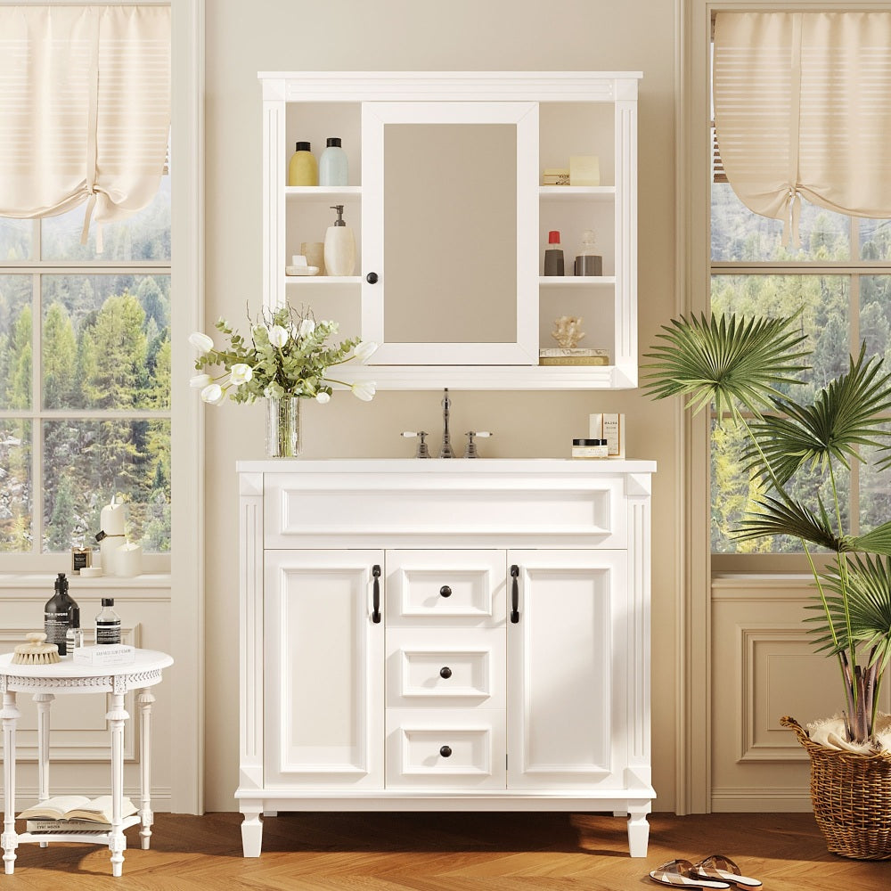 36'' Bathroom Vanity with Top Sink, Black Mirror Cabinet, Modern Bathroom Storage Cabinet with 2 Soft Closing Doors and 2 Drawers, Single Sink Bathroom Vanity