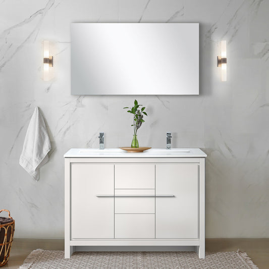 White Double Bath Vanity 48 in. W x 20 in. D, White Quartz Top, Chrome Faucet Set and 43 in. Mirror