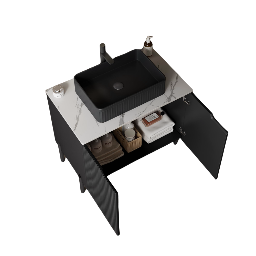 TURIO 30" Bathroom Vanity with Sink, Freestanding Bathroom Storage Cabinet with 2 Doors, Black Ceramic Basin and Carrara White Sintered Stone Counter Top, Black Color