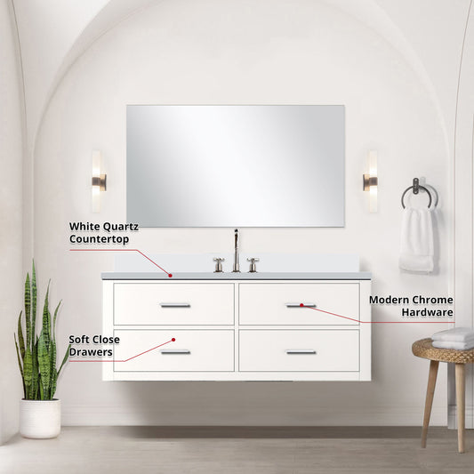 White Single Bath Vanity 48 in. W x 22 in. D, White Quartz Countertop, 43 in. Mirror and Faucet Set