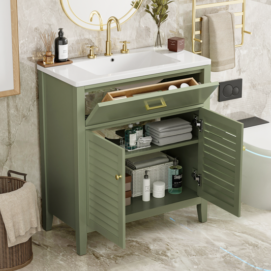 30" Bathroom Vanity with Ceramic Sink Combination, Ample Storage - Features 1 Pullout and Multifunctional Shelf Dividers