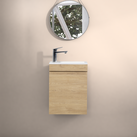 16" Floating Bathroom Vanity with Sink, Wall-Mounted Small Bathroom Storage Vanity Cabinet with Resin Top Basin and Soft Close Doors, Natural Oak 24V11-16NO