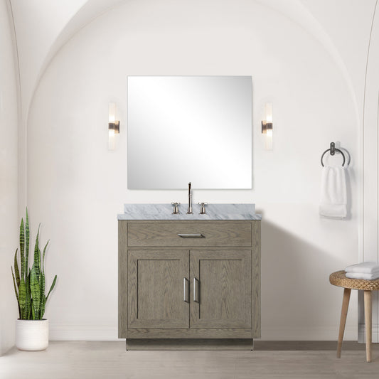 Grey Oak Single Bath Vanity 36 in. W x 22 in. D, Carrara Marble Top, and Faucet Set