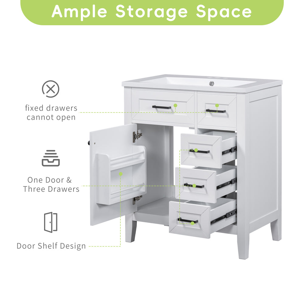 30" Bathroom Vanity without Sink, Cabinet Base Only, Bathroom Cabinet with Drawers, Solid Frame and MDF Board, White