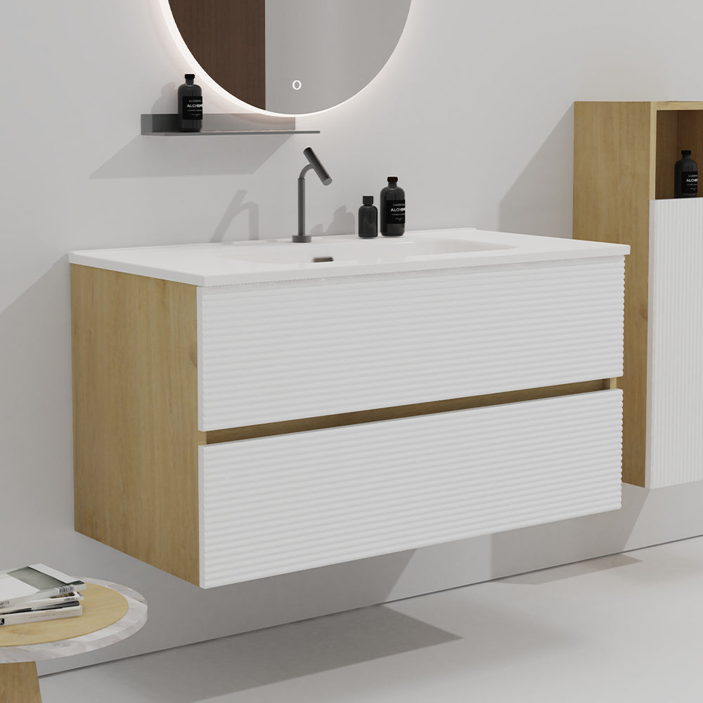Gloria 30" Wall Mounted Rough Oak&Rough Oak Bathroom Vanity with Integrated Ceramic Sink with Overflow, Large Storage Floating Bathroom Vanity for Modern Bathroom, Pre-assembled