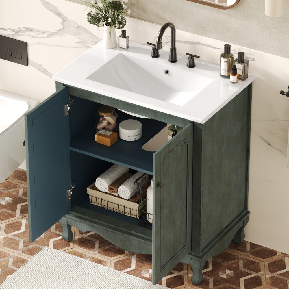 30" Vintage Bathroom Vanity with Rectangle Ceramic Sink,  Bathroom Vanity Cabinet with Antique Handles and 2 Doors, Bathroom Storage Cabinet with Rubber Wood Legs and Adjustable shelves, Antique Blue