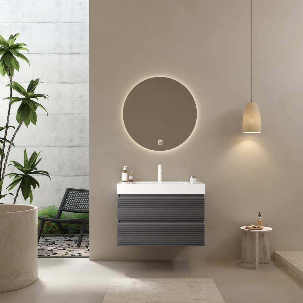 VENO 36" Bathroom Vanity with Undermount Sink, Modern Wall-Mounted Floating Plywood Striped Bathroom Storage Cabinet with 2 Drawers, White Integrated Rectangular Basin without Faucet, Gray Color