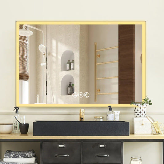 48*32in LED Framed Bathroom Vanity Mirror, Aluminum Frame with 45° Beveled Angle Beveled Lights, 3 Colors, Anti-fog, Suitable for Modern Decoration