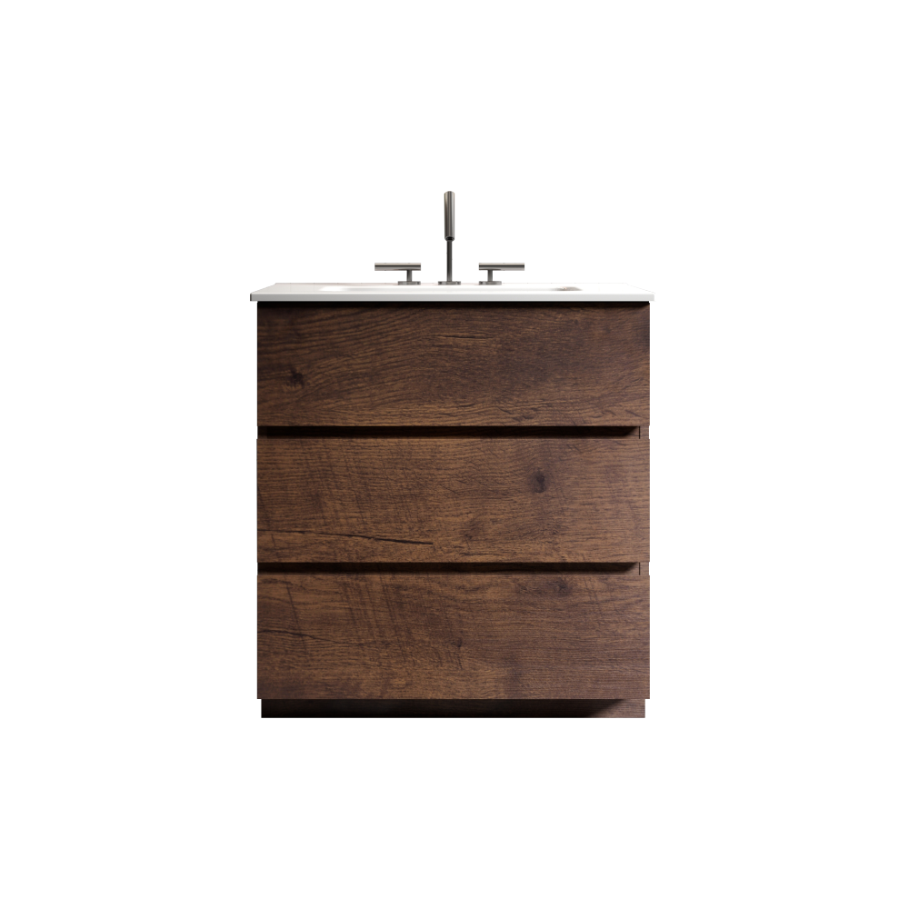 TIA 30" Walnut Bathroom Vanity with Sink with 3 Faucet Holes, Large Storage Freestanding Bathroom Vanity for Modern Bathroom, One-Piece White Sink Basin without Drain and Faucet, Pre-assemble
