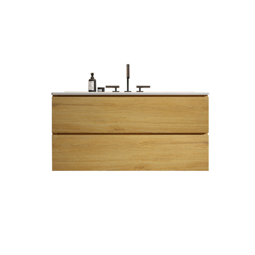 Wall Mount 30" Natural Oak Bathroom Vanity with Ceramic Sink with three faucet holes, Large Storage Floating Bathroom Vanity for Modern Bathroom, Pre-assembled