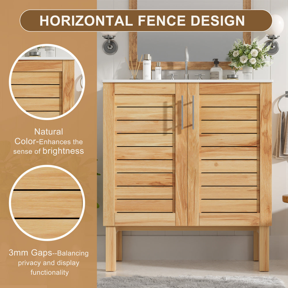 30" Antique Bathroom Vanity with Ceramic Sink, Mid-Century Modern Bathroom Vanity Cabinet with 2 Soft-Close Doors and Large Storage Space, Retro Freestanding Single Bathroom Vanity Set, Natural Brown