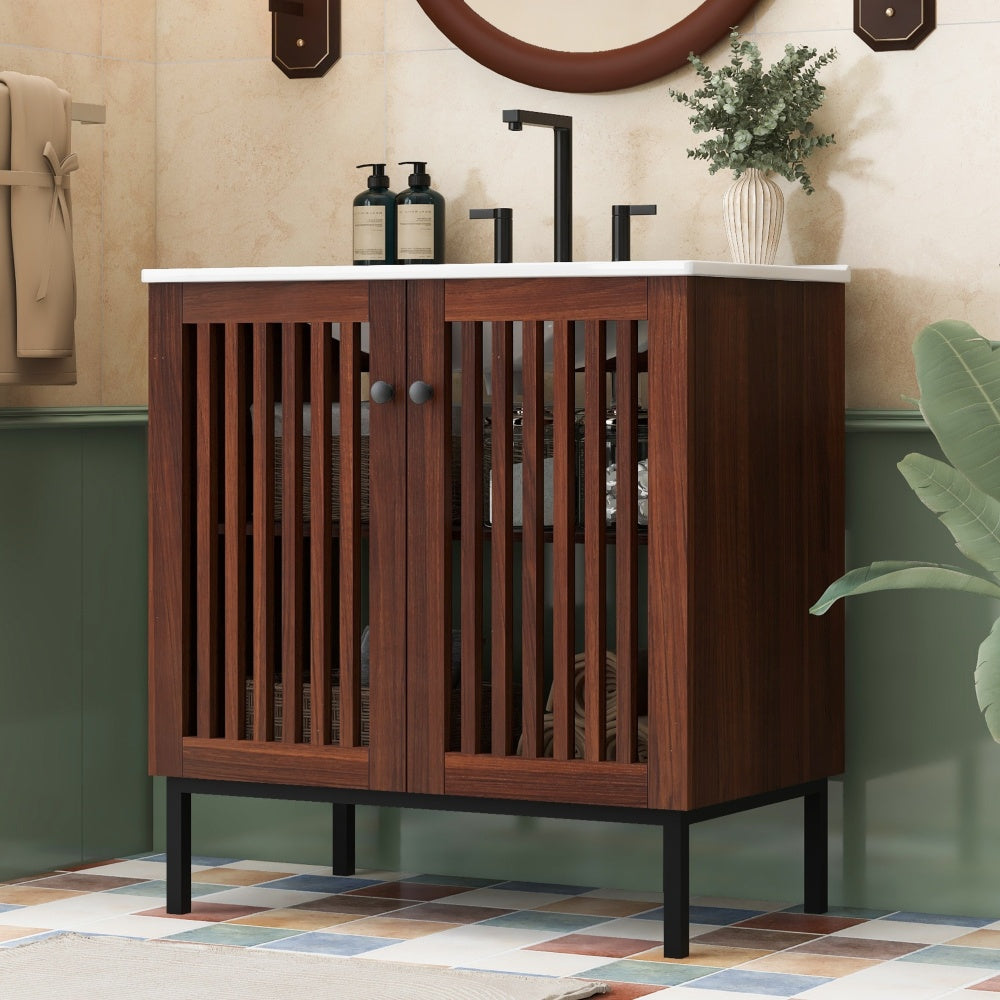 30" Antique Bathroom Vanity with Ceramic Sink, Mid-Century Modern Bathroom Vanity Cabinet with 2 Soft-Close Doors and Large Storage Space, Retro Freestanding Single Bathroom Vanity Set, Natural Brown