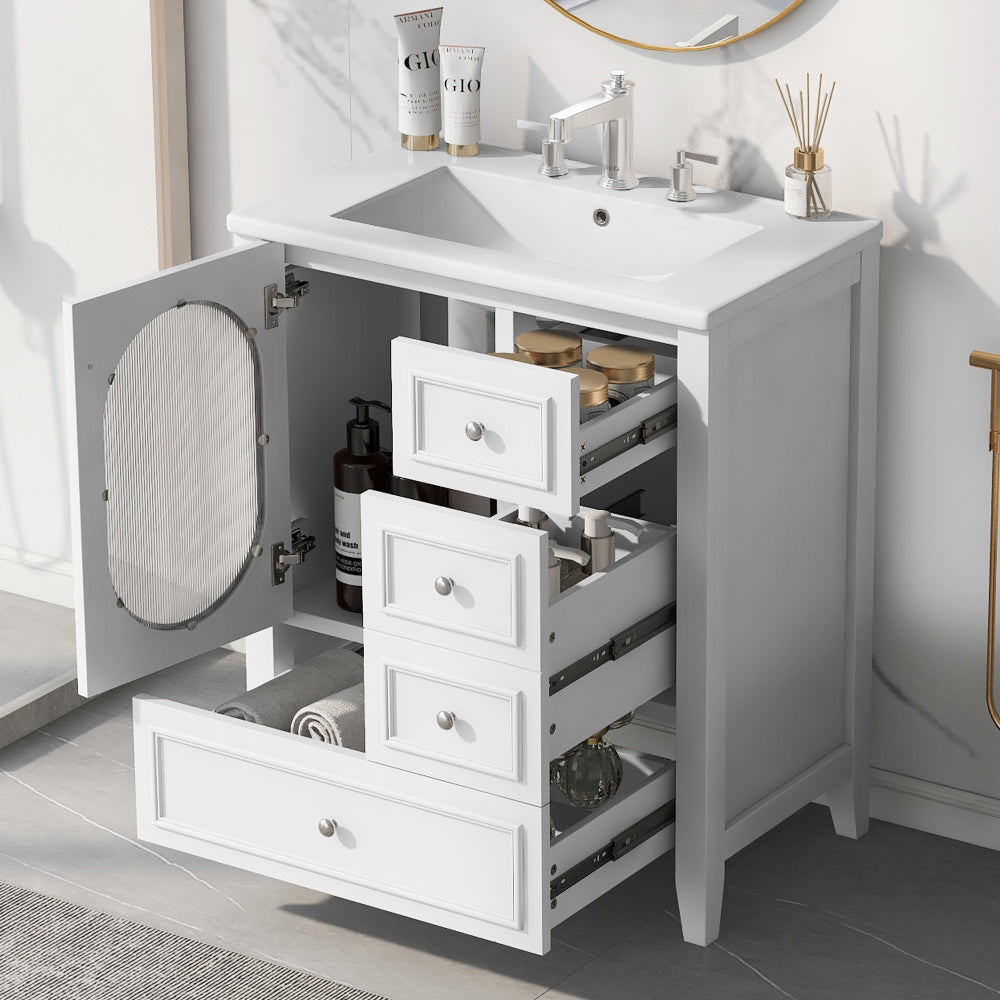 30" Bathroom Vanity with Sink, Bathroom Vanity Cabinet with Three Drawers and Door, Solid Wood and MDF, White
