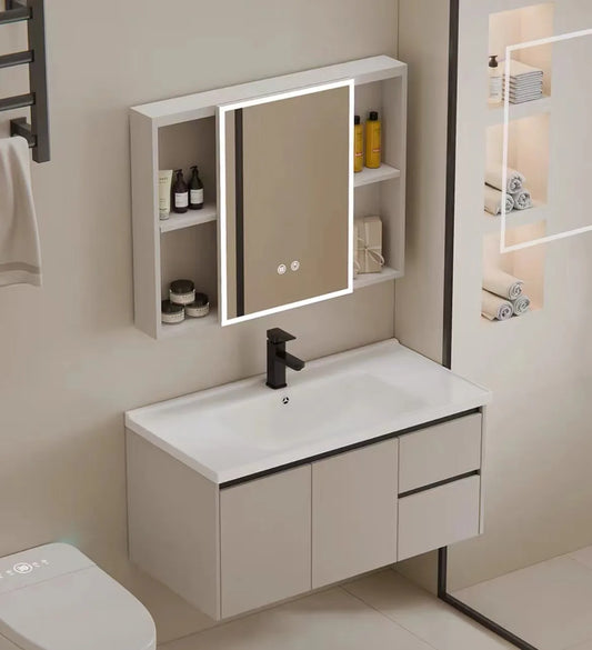 Marketing Design Bathroom Drawer Cabinet PVC Wall Mounted Bathroom Vanity with Hotel Ceramic Washbasin Sink Set