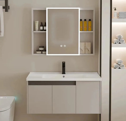 aluminum bathroom cabinet Luxury aluminum PVC bathroom vanity set Smart mirror box Easy to clean Ceramic integrated sink Large storage space Home