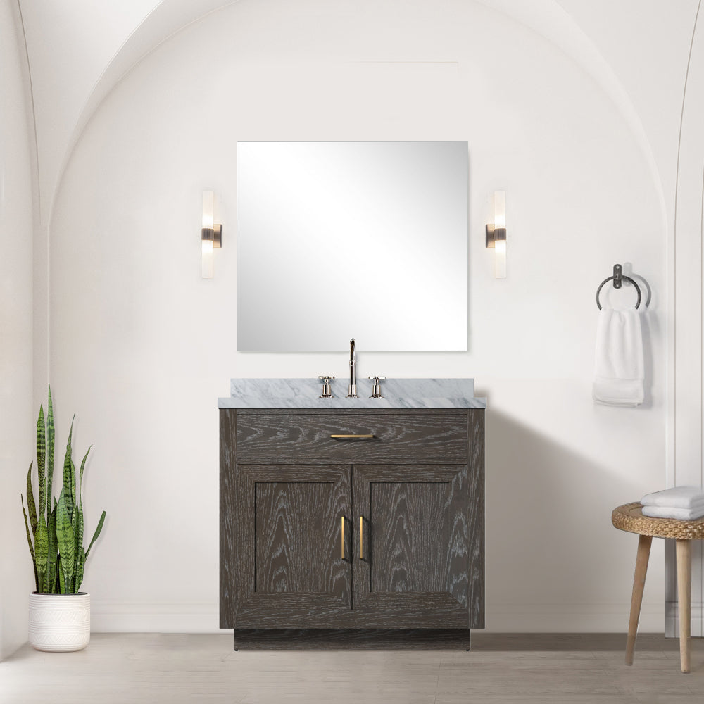 Grey Oak Single Bath Vanity 36 in. W x 22 in. D, Carrara Marble Top, and Faucet Set