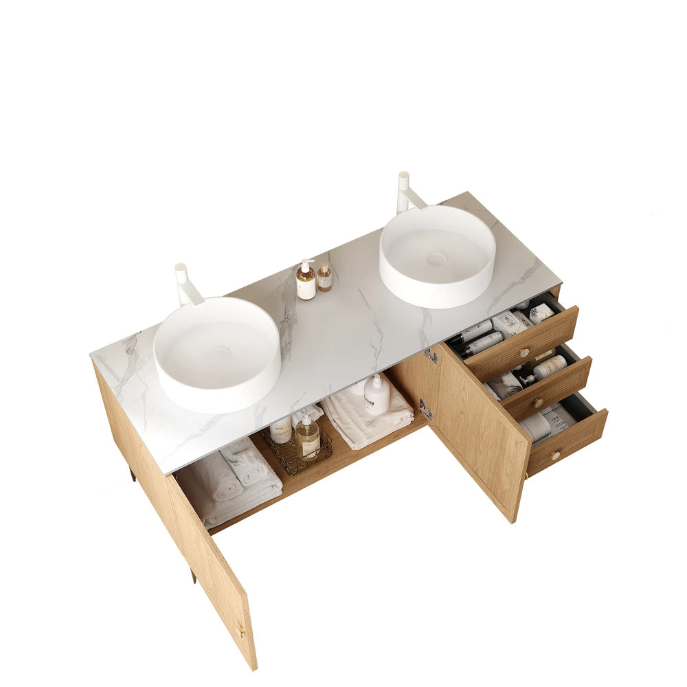 MUNIN 60" Bathroom Vanity with 2 Sinks, Freestanding Plywood Storage Cabinet with 5 Metal Legs, 3 Drawers and 2 Doors, White Ceramic Basin without Faucet, Pre-assembled, Oak Woodgrain Color