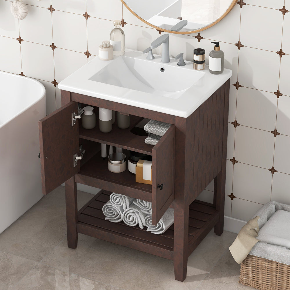 [VIDEO] 24" Brown Modern Sleek Bathroom Vanity Elegant Ceramic Sink with Solid Wood Frame Open Style Shelf (OLD SKU: JL000004AAD)