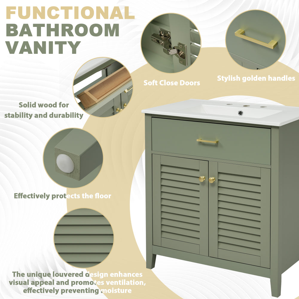 30" Bathroom Vanity with Ceramic Sink Combination, Ample Storage - Features 1 Pullout and Multifunctional Shelf Dividers