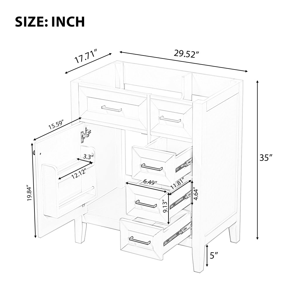 30" Bathroom Vanity without Sink, Cabinet Base Only, Bathroom Cabinet with Drawers, Solid Frame and MDF Board, White