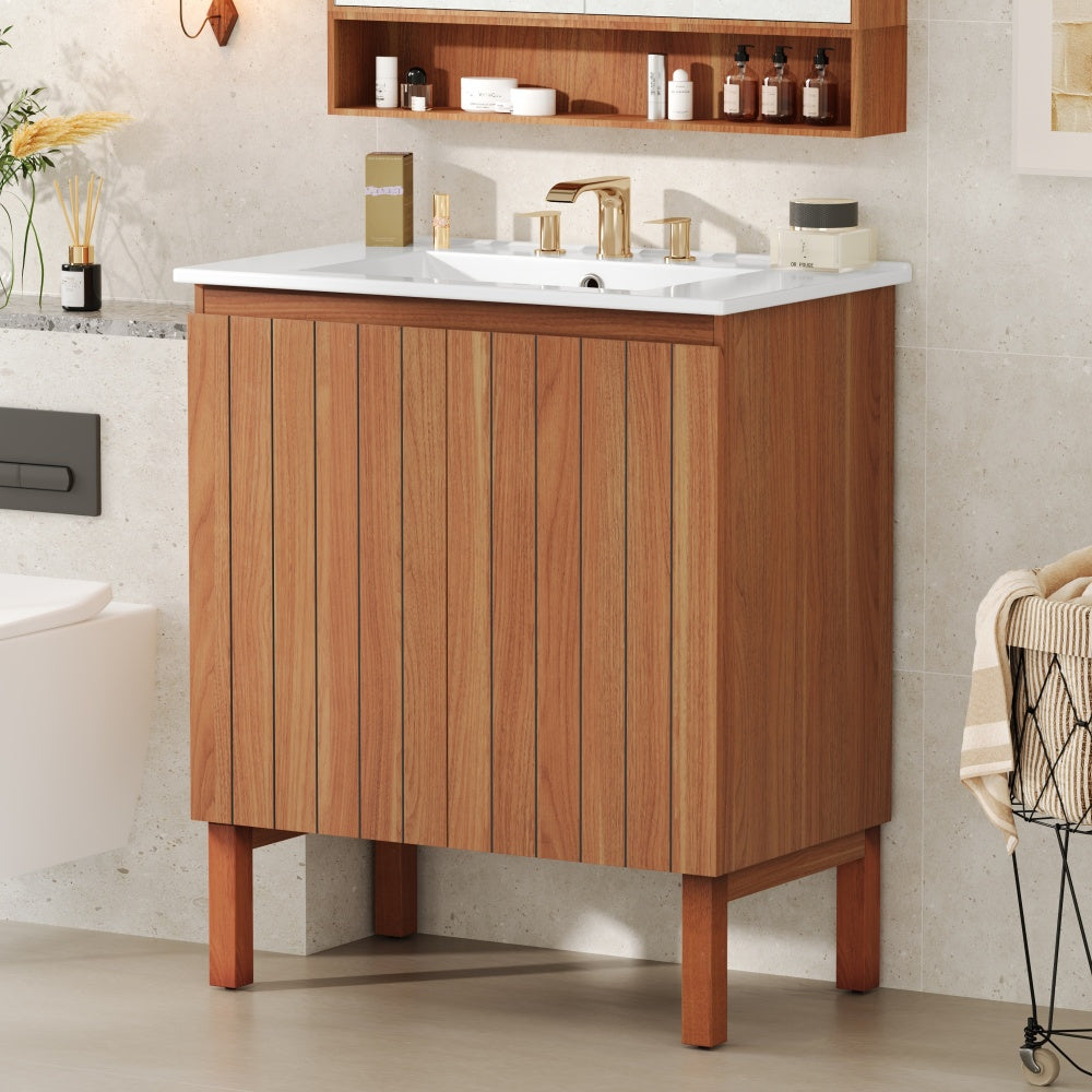 30" Antique Bathroom Vanity with Ceramic Sink, Mid-Century Modern Bathroom Vanity Cabinet with 2 Soft-Close Doors and Large Storage Space, Retro Freestanding Single Bathroom Vanity Set, Natural Brown