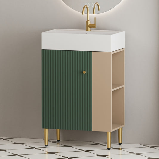 21.6" Open-shelving Bathroom Vanity with Ceramic Sink and Soft-Closing Door, Cloakroom Open Shelf Storage Cabinet on the Right Side, Assembly Required, Green 24VB06-21LVR