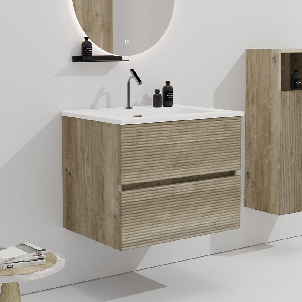 Gloria 30" Wall Mounted Rough Oak&Rough Oak Bathroom Vanity with Integrated Ceramic Sink with Overflow, Large Storage Floating Bathroom Vanity for Modern Bathroom, Pre-assembled
