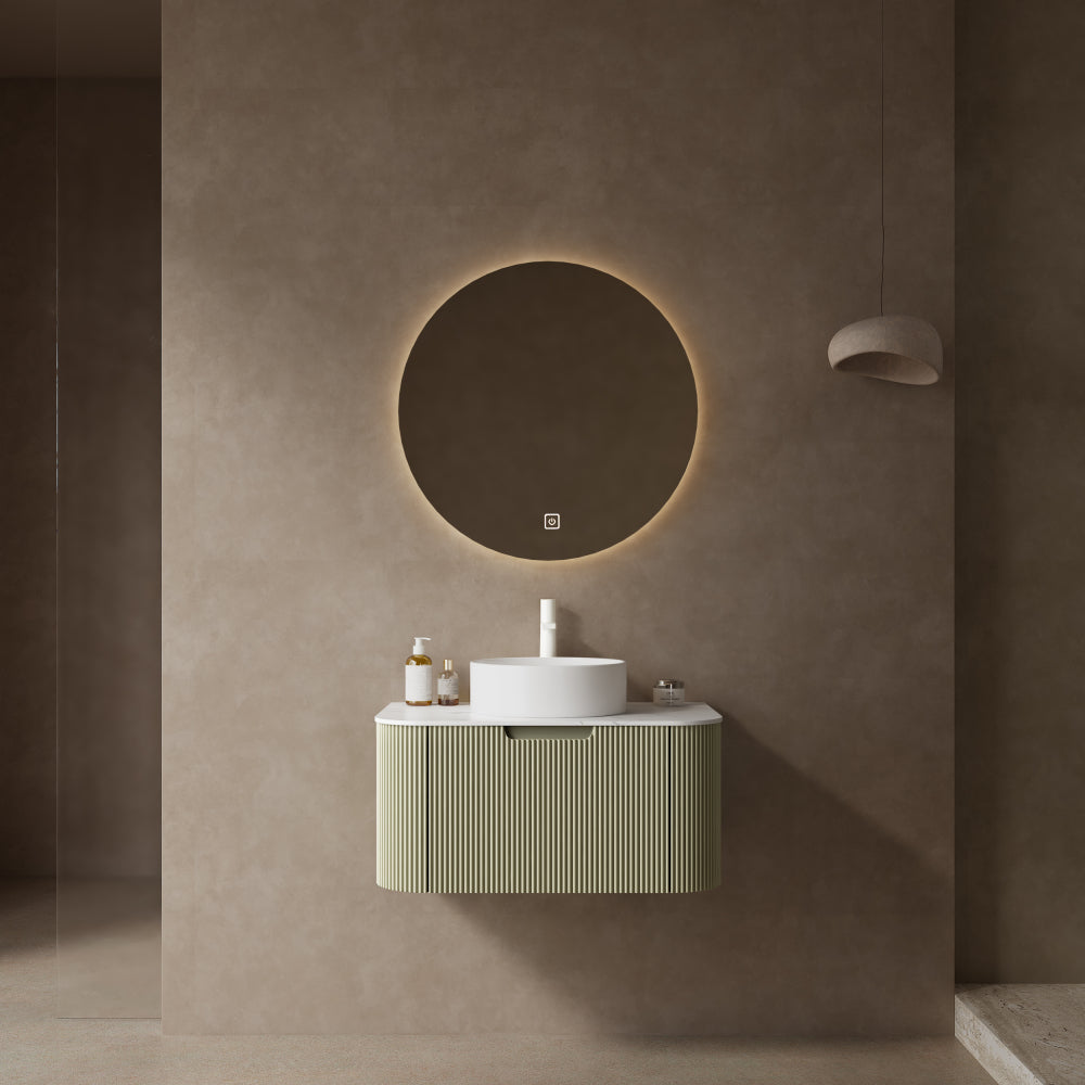 DINA 24" Bathroom Vanity with Sink, Modern Wall-Mounted Floating Curved Edges Striped Bathroom Storage Cabinet with a Drawer, White Artificial Marble Basin without Faucet, Pre-assembled, Natural Wood