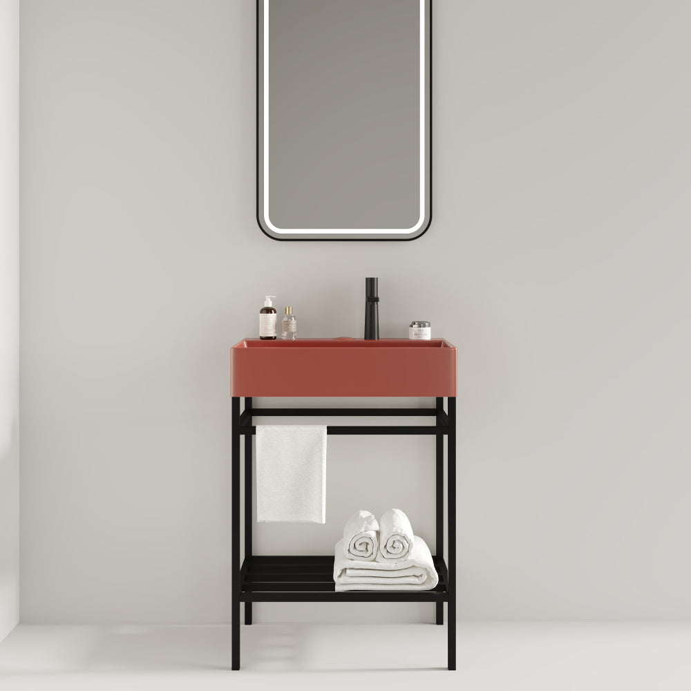 LOFI 24" Bathroom Vanity with Ceramic Basin, Freestanding Bathroom Console Sink Set, Glossy Purple Rectangular Ceramic Basin without Faucet, Open Metal Leg, Storage Shelves, Gold Color