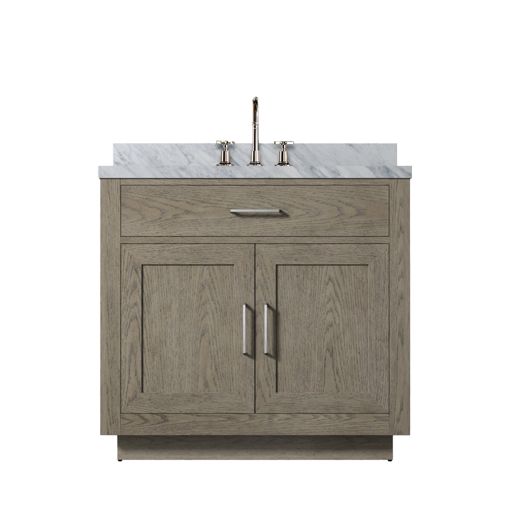 Grey Oak Single Bath Vanity 36 in. W x 22 in. D, Carrara Marble Top, and Faucet Set