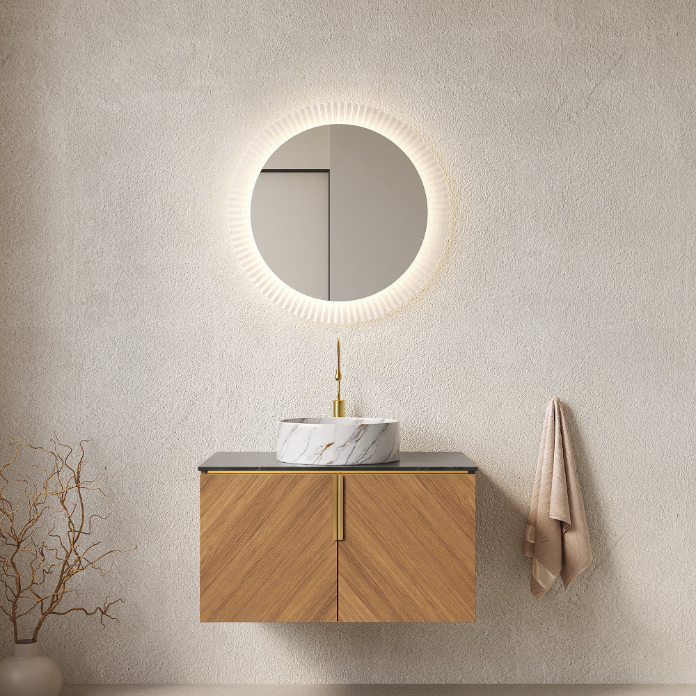 ARAI 60" Bathroom Vanity with Sink, Modern Wall-Mounted Plywood Bathroom Storage Cabinet with 4 Doors, Black Sintered Stone Countertop and 2 White Round Ceramic Basins, Espresso Woodgrain Color