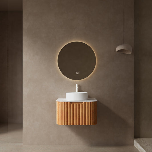 DINA 24" Bathroom Vanity with Sink, Modern Wall-Mounted Floating Curved Edges Striped Bathroom Storage Cabinet with a Drawer, White Artificial Marble Basin without Faucet, Pre-assembled, Natural Wood