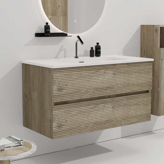 Gloria 36" Wall Mounted Rough Oak&Rough Oak Bathroom Vanity with Integrated Ceramic Sink with Overflow, Large Storage Floating Bathroom Vanity for Modern Bathroom, Pre-assembled