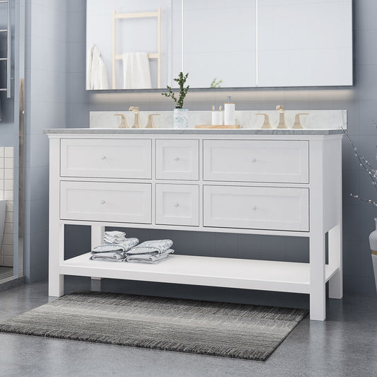 61'' Bathroom Vanity with Marble Top & Double Ceramic Sinks, 4 Drawers, Open Shelf, White