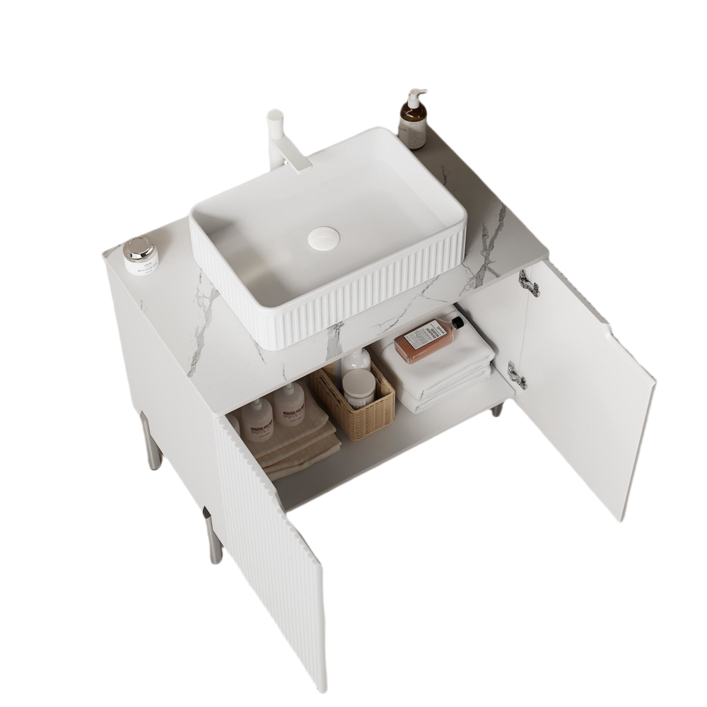 TURIO 30" Bathroom Vanity with Sink, Freestanding Bathroom Storage Cabinet with 2 Doors, White Ceramic Basin and Carrara White Counter Top, White Color
