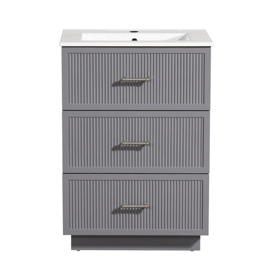 24 Inch Bathroom Vanity with Ceramic Sink Set, Modern Freestanding Bathroom Storage Cabinet with 2 Drawers, Floor Standing Bath Vanity Combo, Gray