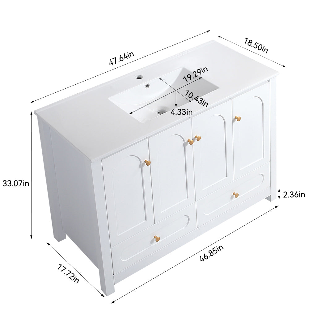 48" White Bathroom Vanity with Ceramic Sink Combo, Abundant Storage Cabinet -4 Soft close doors and 2 drawers