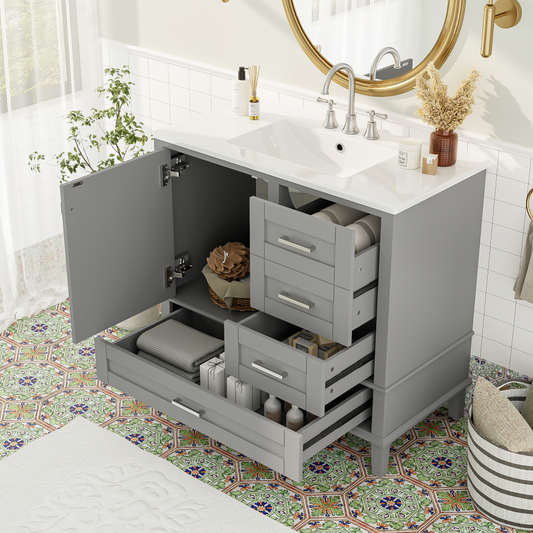 36" Grey Bathroom Vanity with Solid Pine Frame, 1 Soft Close Door and 3 Drawers , Modern Storage Cabinet (The Same Series as WF321698)